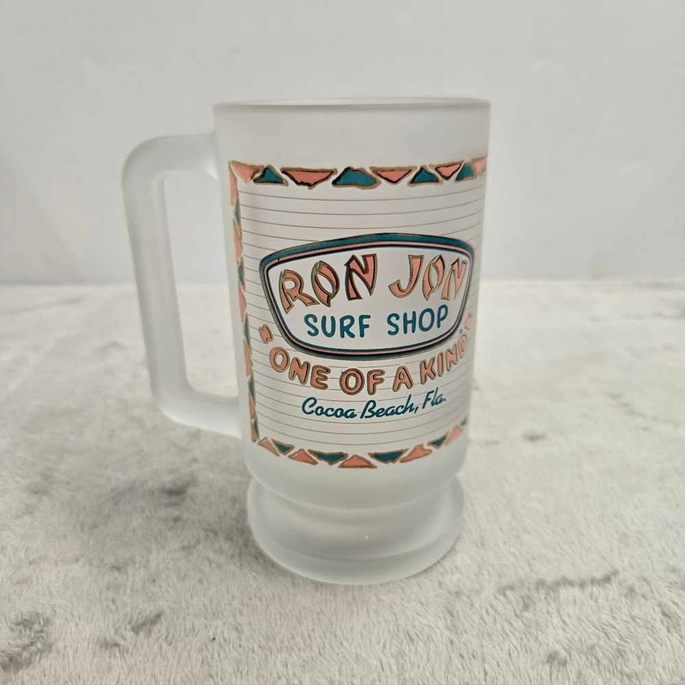 Ron Jon Surf Shop Frosted Glass Beer Mug One of a Kind Cocoa Beach Florida Logo